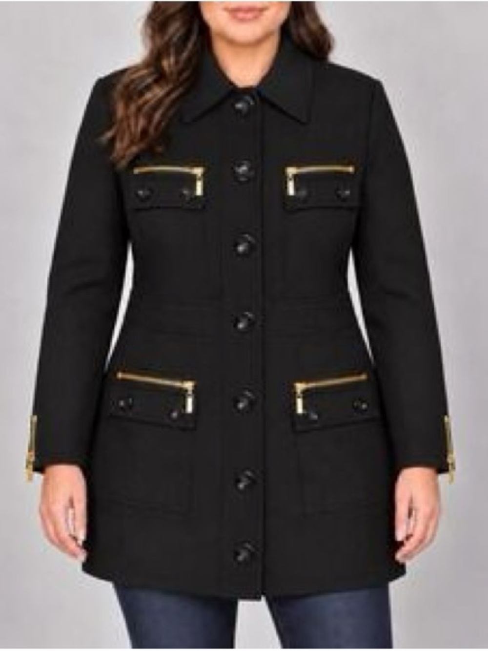 INC International Concepts Black Pea Coat with Gold-Tone Zips